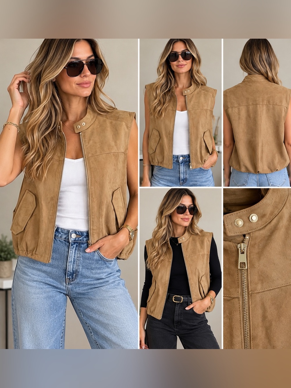ZARA Faux Suede Utility Vest – Camel/Tan – Zip Front size Xs-s
